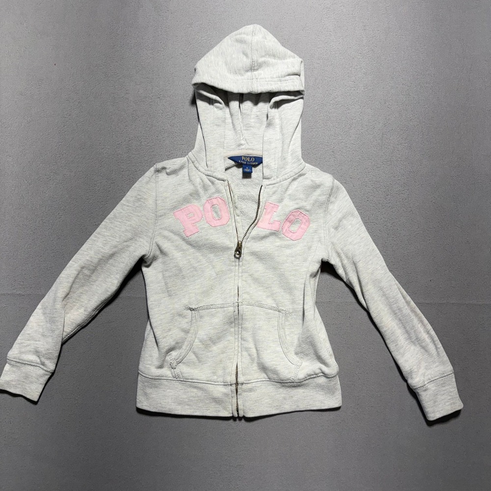 Polo Ralph Lauren Girls Heather Gray Pink Applique Full Zip Hoodie Size 6